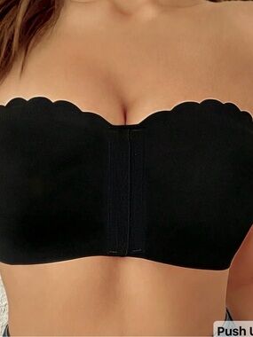 Seamless Strapless Scallop Edge Bandeau Bra - Black